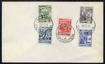 Yugoslavia - Trieste 1953 Pictorial set of 5 on plain unaddressed cover with first day cancels (13 Mar) Mi 87, 89, 91, 93 & 94, stamps on 