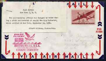 United States 1950 First Flight cover Boston to Cologne bearing US 15c airmail stamp with label stating it was damaged by water during a storm on SS Liberte, stamps on 