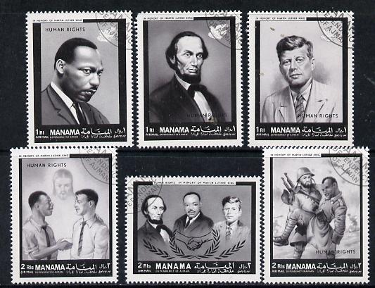 Manama 1968 Human Rights (Kennedy, Lincoln, Martin Luther King, etc) cto set of 6 (Mi 99-104), stamps on , stamps on  stamps on human rights, stamps on  stamps on kennedy, stamps on  stamps on nobel, stamps on  stamps on personalities, stamps on  stamps on usa presidents