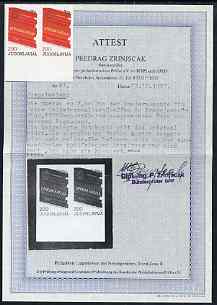 Yugoslavia 1979 Self Managers Meeting imperf marginal pair with Zrinlscak certificate, SG 1866var, stamps on 