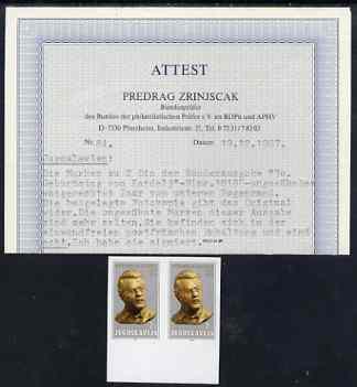 Yugoslavia 1980 Edward Kardelj imperf marginal pair with Zrinlscak certificate, SG 1913var, stamps on 