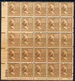 United States 1938-54 Martha Washington 1.5c very fine mounted mint corner block of 25 with overall colour wash, attractive variety, SG 801, stamps on personalities, stamps on women, stamps on constitutions