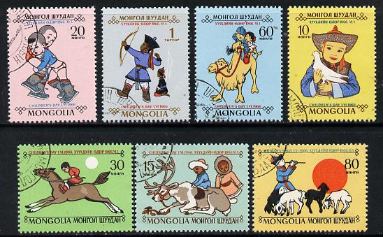 Mongolia 1966 Childrens Day cto set of 7, SG 421-27*, stamps on animals      children      archery     wrestling