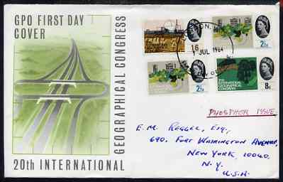 Great Britain 1964 Geographical (phos) set of 4 on illustrated cover to USA with first day cancel (hand-written address), stamps on 