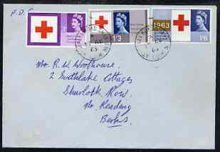 Great Britain 1963 Red Cross (ord) set of 3 on plain cover with first day cancel (hand-written address), stamps on , stamps on  stamps on great britain 1963 red cross (ord) set of 3 on plain cover with first day cancel (hand-written address)