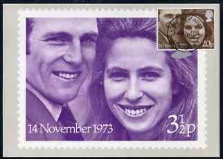 Great Britain 1973 Royal Wedding 3.5p PHQ card bearing 20p stamp with fine first day of issue cancel, stamps on 