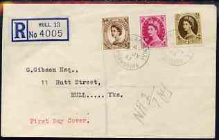 Great Britain 1952-54 Wilding 5d, 8d & 1s Tudor wmk on plain registered cover with first day cancel (typed address), stamps on 