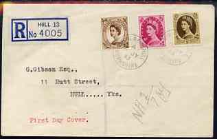 Great Britain 1952-54 Wilding 5d, 8d & 1s Tudor wmk on plain registered cover with first day cancel (typed address), stamps on 