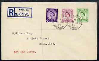 Great Britain 1952-54 Wilding 3d, 6d & 7d Tudor wmk on plain registered cover with first day cancel (typed address), stamps on 