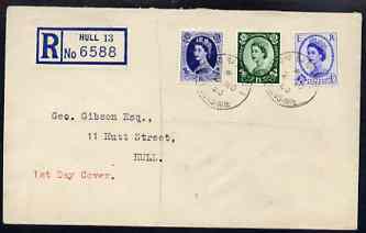 Great Britain 1952-54 Wilding 4d, 1s3d & 1s6d Tudor wmk on plain registered cover with first day cancel (typed address), stamps on 