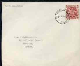 Australia 1949 Arms 5s on plain typed addressed cover with clear first day cancel (SG224a) stamp has been applied over the cancel and is almost certainly a maunfactured (..., stamps on 
