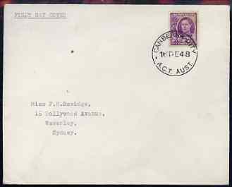 Australia 1948 KG6 2d purple on plain typed addressed cover with clear first day cancel of 16 Dec (Gibbons say 20 Dec) stamp has been applied over the cancel and is almost certainly a maunfactured (forged) cover, stamps on , stamps on  stamps on , stamps on  stamps on  kg6 , stamps on  stamps on 