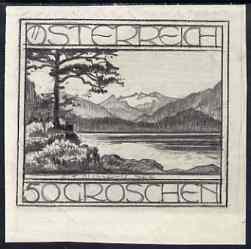 Austria 1930s original pencil sketch for landscape issue showing Alt-Ausseer See 50g, size 98 x 89 mm, stamps on 