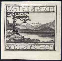 Austria 1930s original pencil sketch for landscape issue showing Alt-Ausseer See 50g, size 98 x 89 mm, stamps on xxx