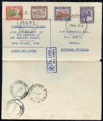 Samoa 1939 25th Anniversary set on registered cover to Southern Rhodesia with first day cover, opened out for display, stamps on 
