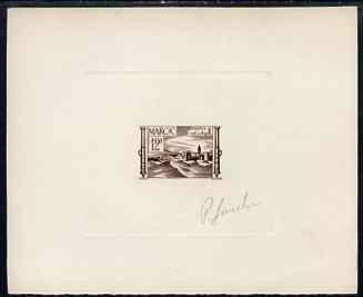 French Morocco 1947 Fortress & Cannon imperf die proof of 12f in brown on sunken card signed by P Gandon, the engraver (as SG 333), stamps on forts