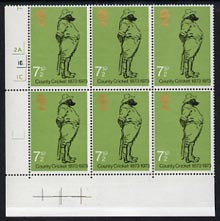 Great Britain 1973 Cricket 7.5p unmounted mint cylinder block of 6 with embossing shifted to left 6mm (falling in margin between stamps) also shows slight shift of black, stamps on 