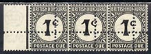 British Honduras 1923 Postage Due 1c black strip of 3 with (forged) double perfs, quartering the stamps, interesting modern forgery unmounted mint SG D1var, stamps on postage dues, stamps on 