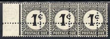 British Honduras 1923 Postage Due 1c black strip of 3 with (forged) double perfs, quartering the stamps, interesting modern forgery unmounted mint SG D1var