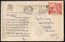 Great Britain 1925 PPC (Elephants by Raphael Tuck) bearing Wembley 1d with Exhibition cancel, signs of ageing, stamps on 