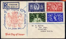 Great Britain 1953 Coronation set of 4 on illustrated registered cover with first day cancel, typed address, stamps on coronation, stamps on royalty