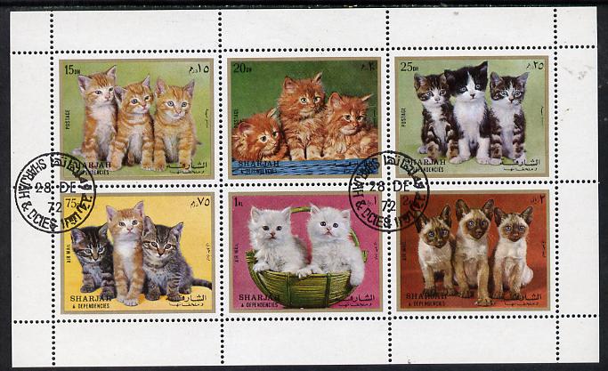 Sharjah 1972 Cats cto sheetlet containing set of 6 values, stamps on , stamps on  stamps on animals   cats