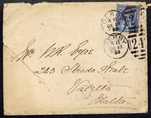 Great Britain 1899 cover to Malta bearing Jubilee 2.5d cancelled Derby duplex, reverse with Malta receiving cds of Dec 23, back & front with '1' in oval (walk number), cover roughly opened and torn on front, hence price, stamps on , stamps on  stamps on great britain 1899 cover to malta bearing jubilee 2.5d cancelled derby duplex, stamps on  stamps on  reverse with malta receiving cds of dec 23, stamps on  stamps on  back & front with '1' in oval (walk number), stamps on  stamps on  cover roughly opened and torn on front, stamps on  stamps on  hence price