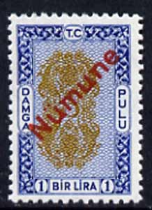 Turkey 1960s 1L Revenue stamp optd NUMUNE (Specimen) in red, superb unmounted mint (ex DLR archives)* , stamps on 