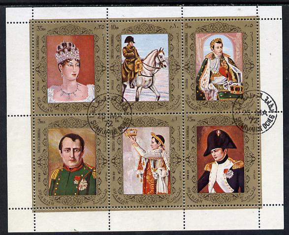 Sharjah 1972 Napoleon cto sheetlet containing set of 6 values, Mi 1264-69, stamps on constitutions    history  personalities    napoleon  , stamps on dictators.