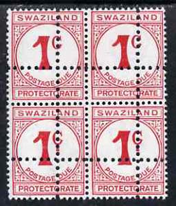 Swaziland 1961 Postage Due 1c carmine unmounted mint block of 4 with (forged) double perfs, quartering the stamps, interesting modern forgery, stamps on 