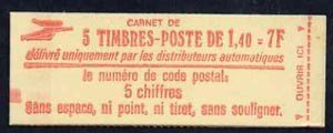France 1980 7F Booklet ('Code Postal' cover) complete & pristine, SG DSB72a, stamps on , stamps on  stamps on booklet - france 1980 7f booklet ('code postal' cover) complete & pristine, stamps on  stamps on  sg dsb72a