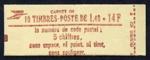 France 1980 14F Booklet ('Code Postal' cover 72 x 26mm) complete & pristine, SG DSB73a, stamps on , stamps on  stamps on booklet - france 1980 14f booklet ('code postal' cover 72 x 26mm) complete & pristine, stamps on  stamps on  sg dsb73a