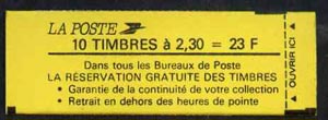 Booklet - France 1989 23F Booklet (La Reservation Gratuite etc front cover, 73 x 26mm +  Schweppes advert on back) complete & pristine, SG DSB97ac, stamps on 