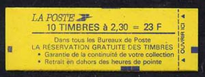 France 1989 23F Booklet (La Reservation Gratuite etc front cover, 78 x 26mm +  Tarif on back) complete & pristine, SG DSB97ab, stamps on 