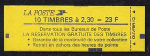 France 1989 23F Booklet (La Reservation Gratuite etc front cover, 78 x 26mm +  Tarif on back) complete & pristine, SG DSB97ab, stamps on 