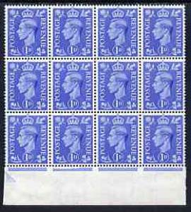 Great Britain 1950-52 KG6 1d light ultramarine marginal block of 8 showing damaged jubilee line below stamps R20/8 and R20/10 (ex cyl 191 dot) stamps unmounted mint (mounted in margin), stamps on , stamps on  stamps on , stamps on  stamps on  kg6 , stamps on  stamps on 