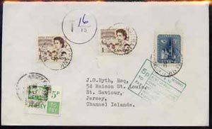 Canada 1971 cover to Jersey bearing 7c adhesives with T 16/15 in circle and boxed 5p to pay, Jersey 5p Postage Due tied with smudgy cancel, stamps on 