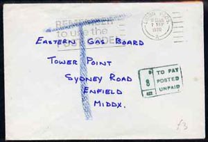 Great Britain 1970 unstamped cover to Middx with boxed 8p postage due to pay in green, stamps on , stamps on  stamps on great britain 1970 unstamped cover to middx with boxed 8p postage due to pay in green