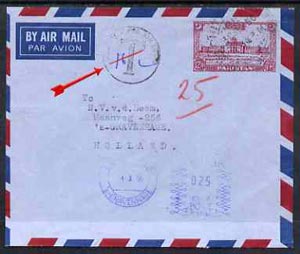 Pakistan 1956 underpaid p/stat env to Holland with Karachi RMS Air Set T mark, endorsed 16c, Dutch Postage Due meter mark, stamps on 