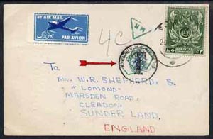 Pakistan 1956 underpaid postcard from Sadiqia with hexagonal postage due tax mark in green & Karachi RMS Air Set T mark in black, stamps on 