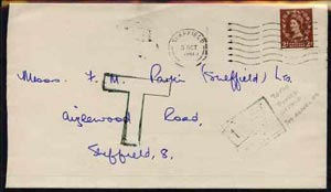 Great Britain 1961 underpaid cover to Sheffield with feint boxed postage due to pay in green and large outlined T, stamps on 