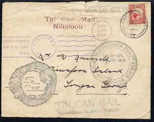 Tonga 1936 Illustrated Tin Can mail cover to Niuaforu bearing NZ 1d Kiwi with the usual cachets back and front, cover slightly damaged at top, stamps on 