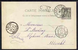 French POs in Egypt 1894 10f p/stat card to Netherlands cancelled by Alexandrie date stamp of 15 Fev 94 in black with LIGNE N PAQ FR No.6 & Utrecht d/stamp alongside, stamps on 