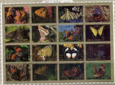 Umm Al Qiwain 1972 Butterflies sheetlet containing 16 values cto used (Mi 1498-1513A), stamps on butterflies