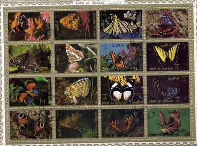 Umm Al Qiwain 1972 Butterflies sheetlet containing 16 values cto used (Mi 1498-1513A), stamps on , stamps on  stamps on butterflies