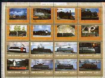 Umm Al Qiwain 1972 Locomotives sheetlet containing 16 values cto used (Mi 1210-25A), stamps on railways