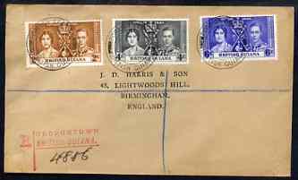 British Guiana 1937 KG6 Coronation set of 3 on reg cover with first day cancel addressed to the forger, J D Harris.  Harris was imprisoned for 9 months after Robson Lowe exposed him for applying forged first day cancels to Coronation covers (details supplied)., stamps on , stamps on  stamps on , stamps on  stamps on  kg6 , stamps on  stamps on forgery, stamps on  stamps on forger, stamps on  stamps on forgeries, stamps on  stamps on coronation