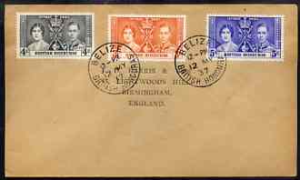 British Honduras 1937 KG6 Coronation set of 3 on cover with first day cancel addressed to the forger, J D Harris.  Harris was imprisoned for 9 months after Robson Lowe ex..., stamps on , stamps on  kg6 , stamps on forgery, stamps on forger, stamps on forgeries, stamps on coronation