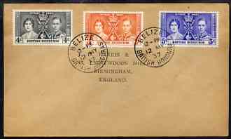 British Honduras 1937 KG6 Coronation set of 3 on cover with first day cancel addressed to the forger, J D Harris.  Harris was imprisoned for 9 months after Robson Lowe exposed him for applying forged first day cancels to Coronation covers (details supplied).  Covers purporting to originate from British Honduras are among those identified as forged and are cited in the text., stamps on , stamps on  stamps on , stamps on  stamps on  kg6 , stamps on  stamps on forgery, stamps on  stamps on forger, stamps on  stamps on forgeries, stamps on  stamps on coronation