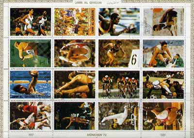 Umm Al Qiwain 1972 Munich Olympics sheetlet containing 16 values cto used (Mi 938-53A), stamps on sport     olympics